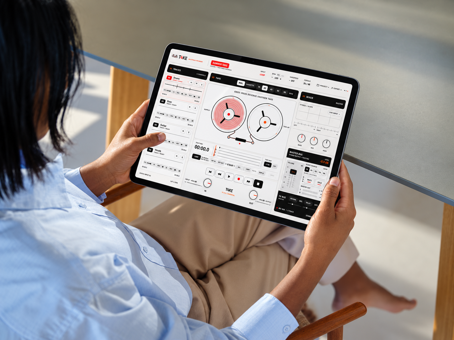 T4KE running on an iPad in a relaxed, immediate setting